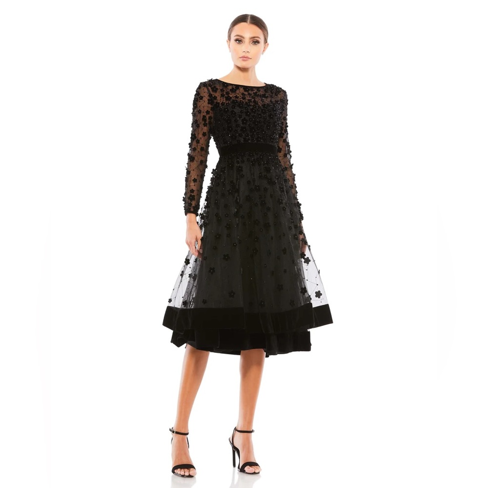 Mac Duggal Embellished Illusion‎ Long Sleeve Floral Fit and Flare Dress- NWT